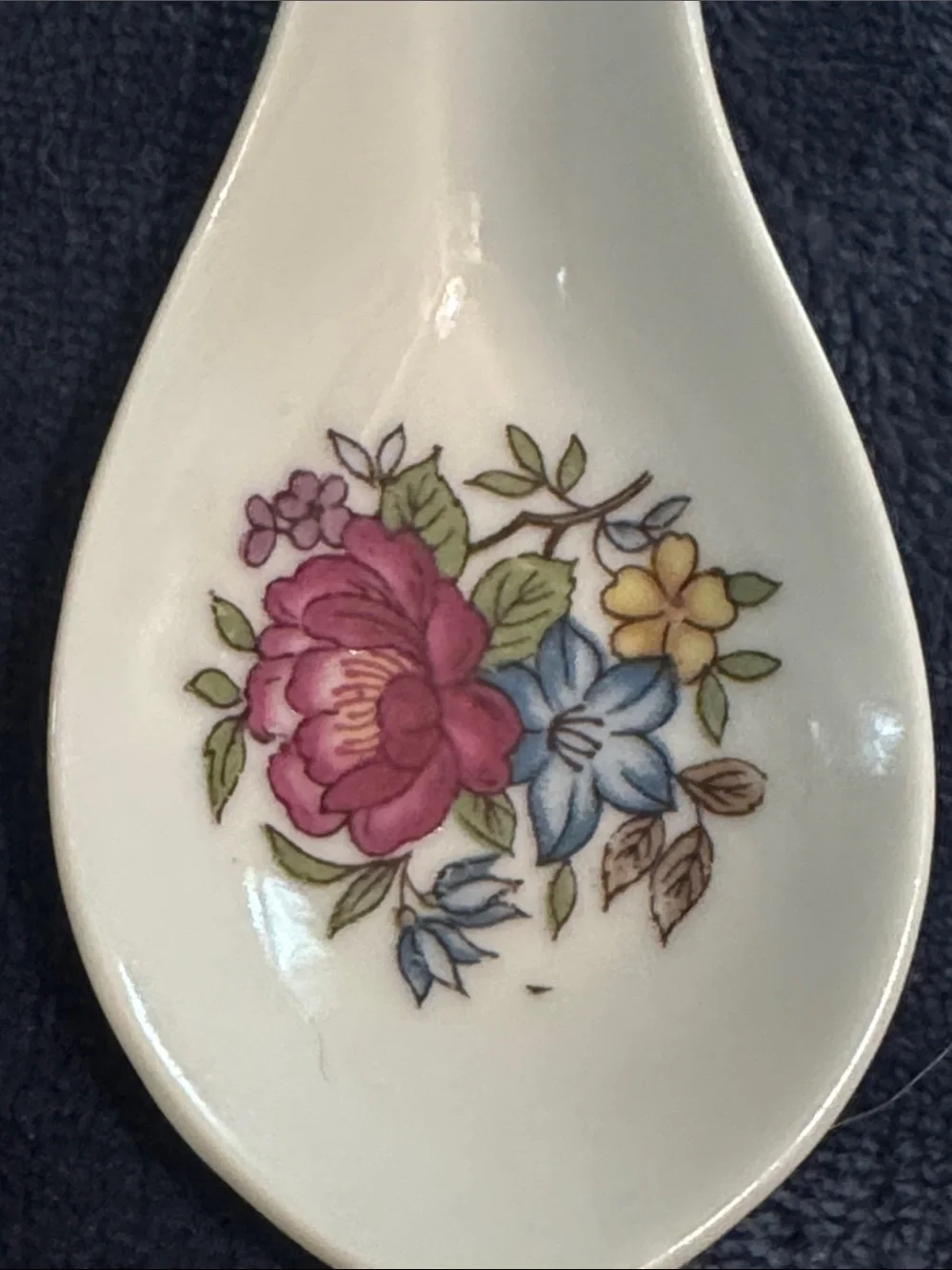 Floral Ceramic Soup Spoon in White with Pink and Blue Flower Motif
